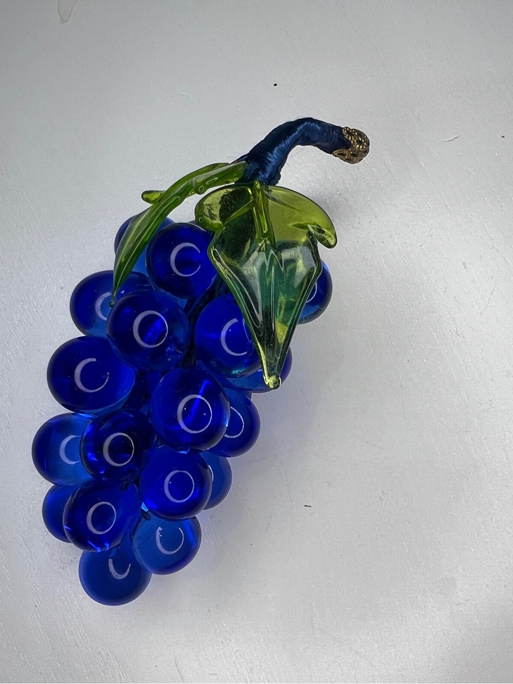 Murano Cobalt Blue Glass Grape Cluster with Green Leaf